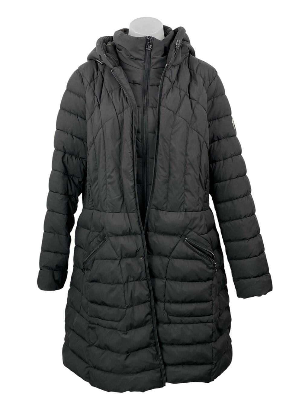 Bernardo Black Long Sleeves Front Zip Quilted Hooded Puffer Coat Jacket Size 1X